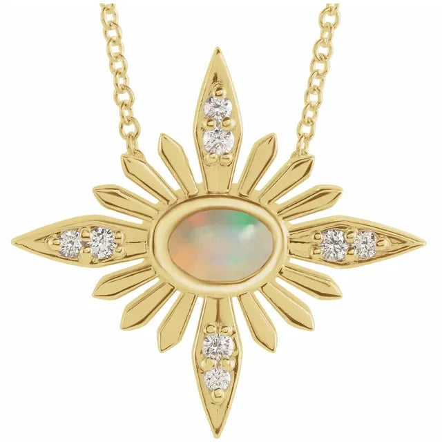 Celestial Opal & White Diamond Necklace in 14k Yellow Gold