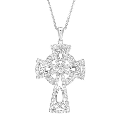 A celtic cross necklace with simulated diamonds displayed on a neutral white background.