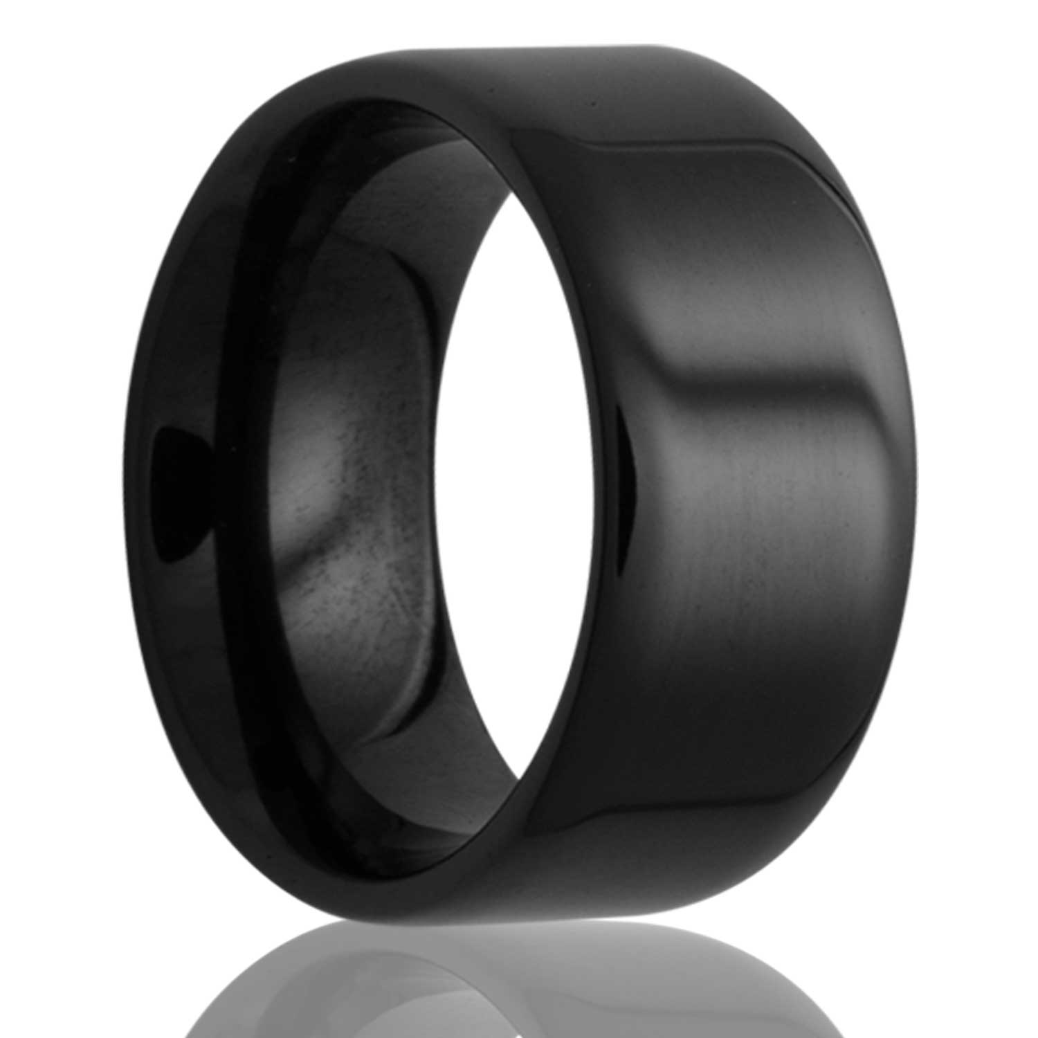 A classic black ceramic wedding band displayed on a neutral white background.
