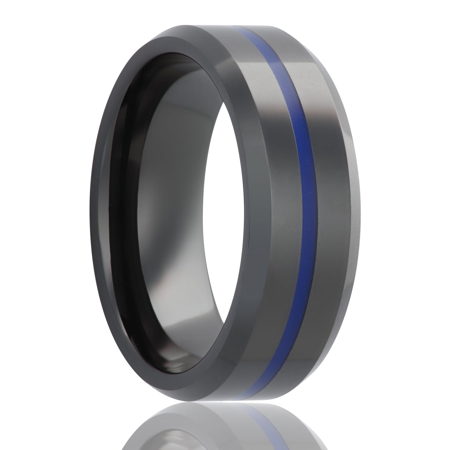 A black black ceramic wedding band with blue groove & beveled edges displayed on a neutral white background.