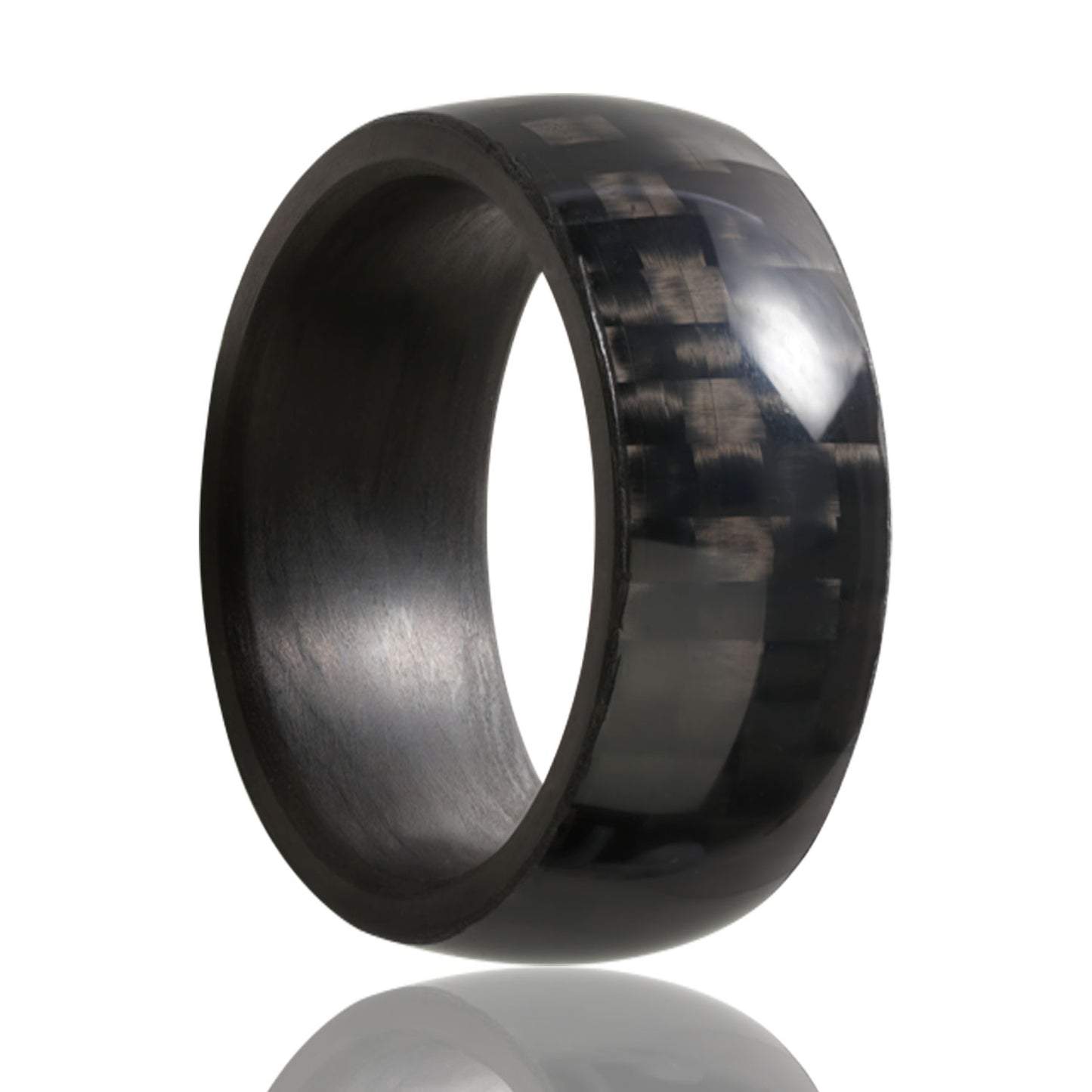 A domed polished carbon fiber men's wedding band displayed on a neutral white background.