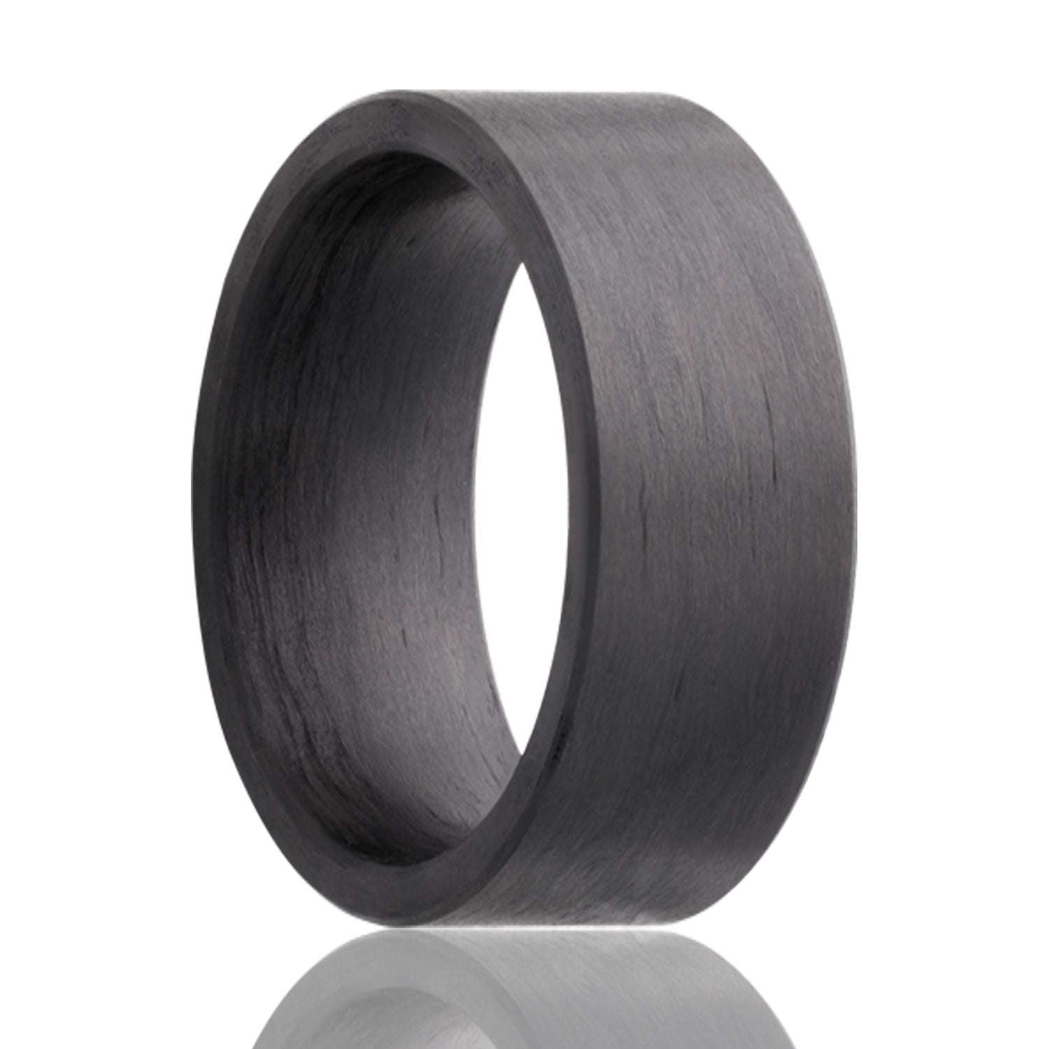A matte carbon fiber men's wedding band displayed on a neutral white background.