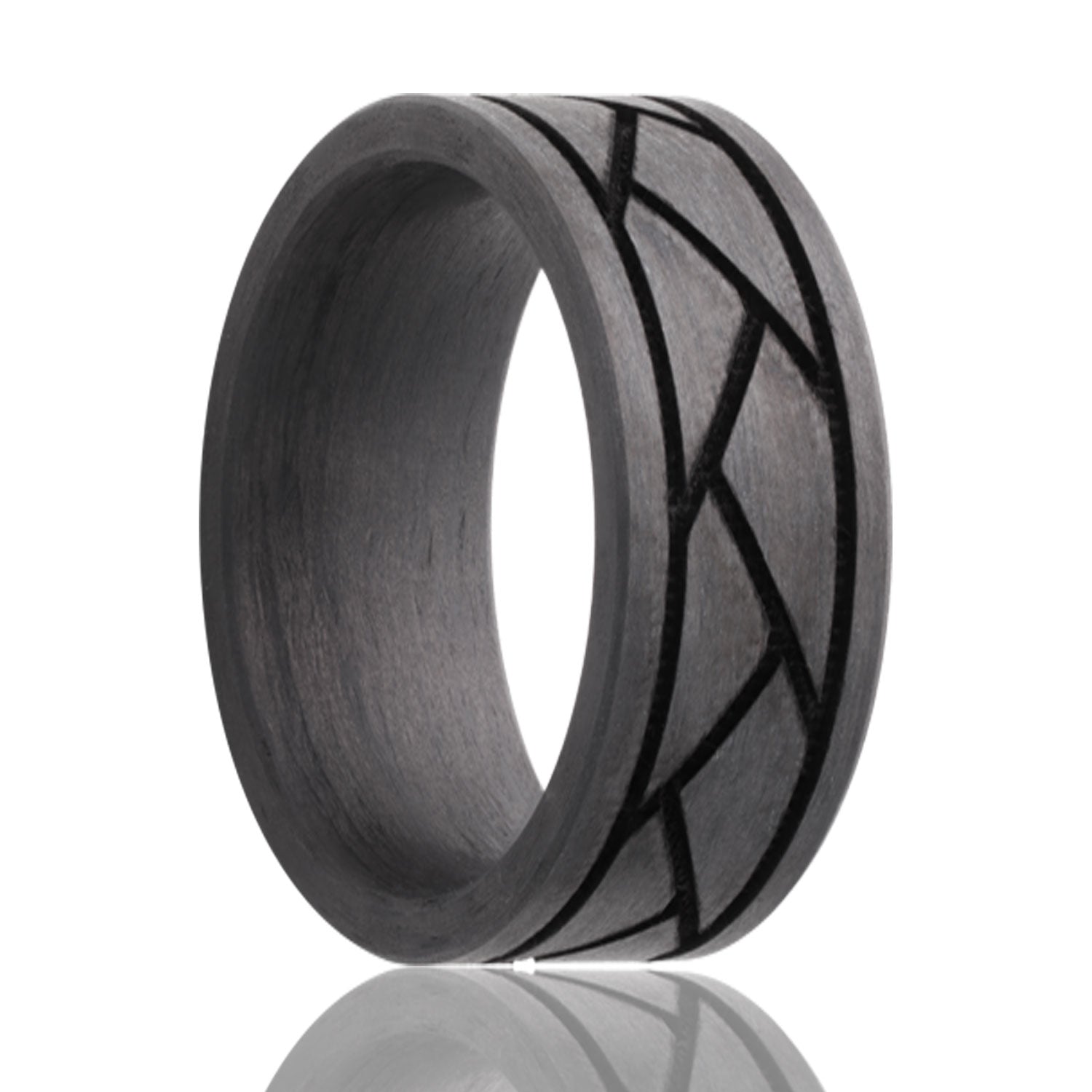 A triangle grid carbon fiber men's wedding band displayed on a neutral white background.