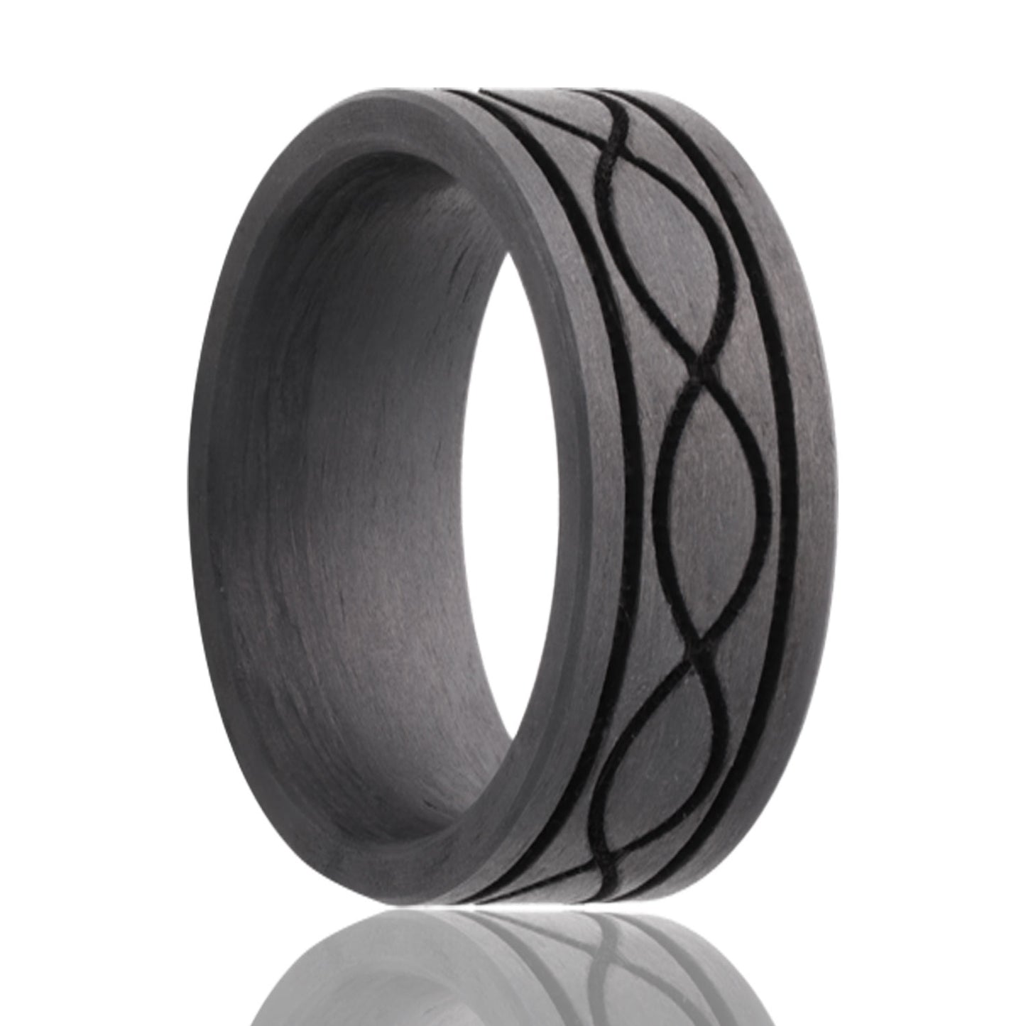 A infinity waves carbon fiber men's wedding band displayed on a neutral white background.