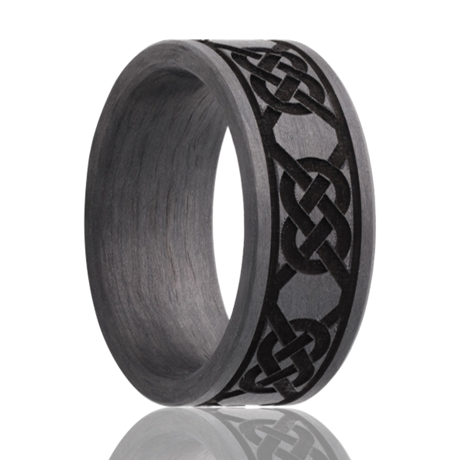 A celtic knot carbon fiber men's wedding band displayed on a neutral white background.