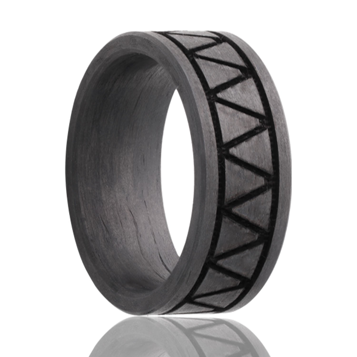 A triangle pattern carbon fiber men's wedding band displayed on a neutral white background.