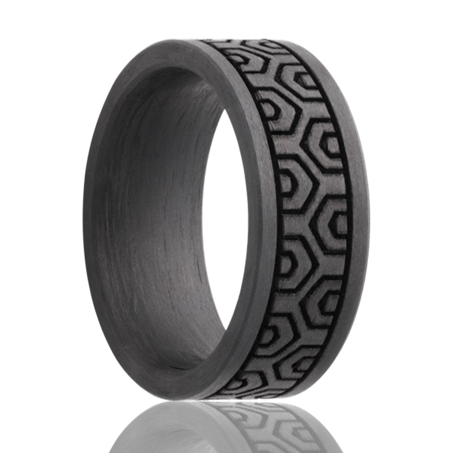 A hexagon grid carbon fiber men's wedding band displayed on a neutral white background.