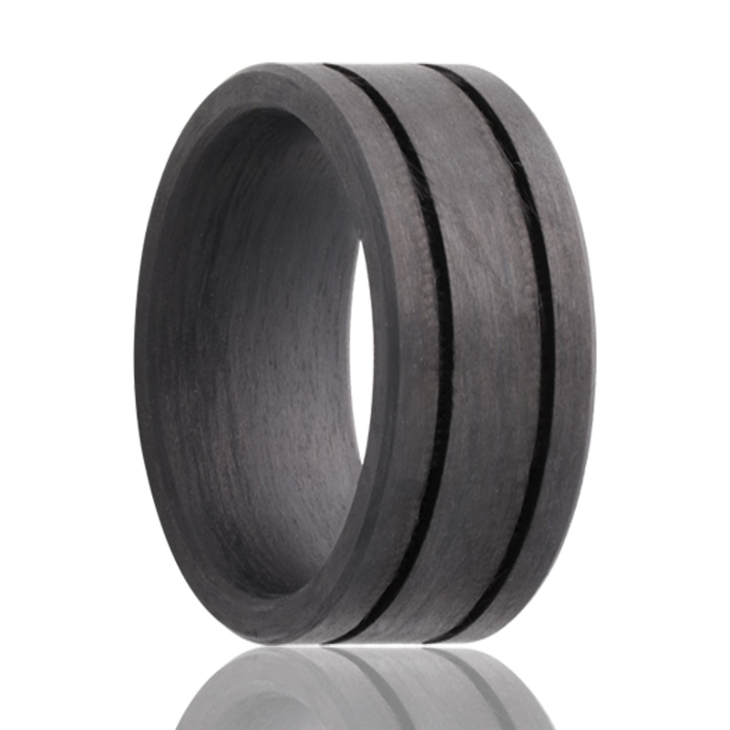 A dual grooved carbon fiber men's wedding band displayed on a neutral white background.