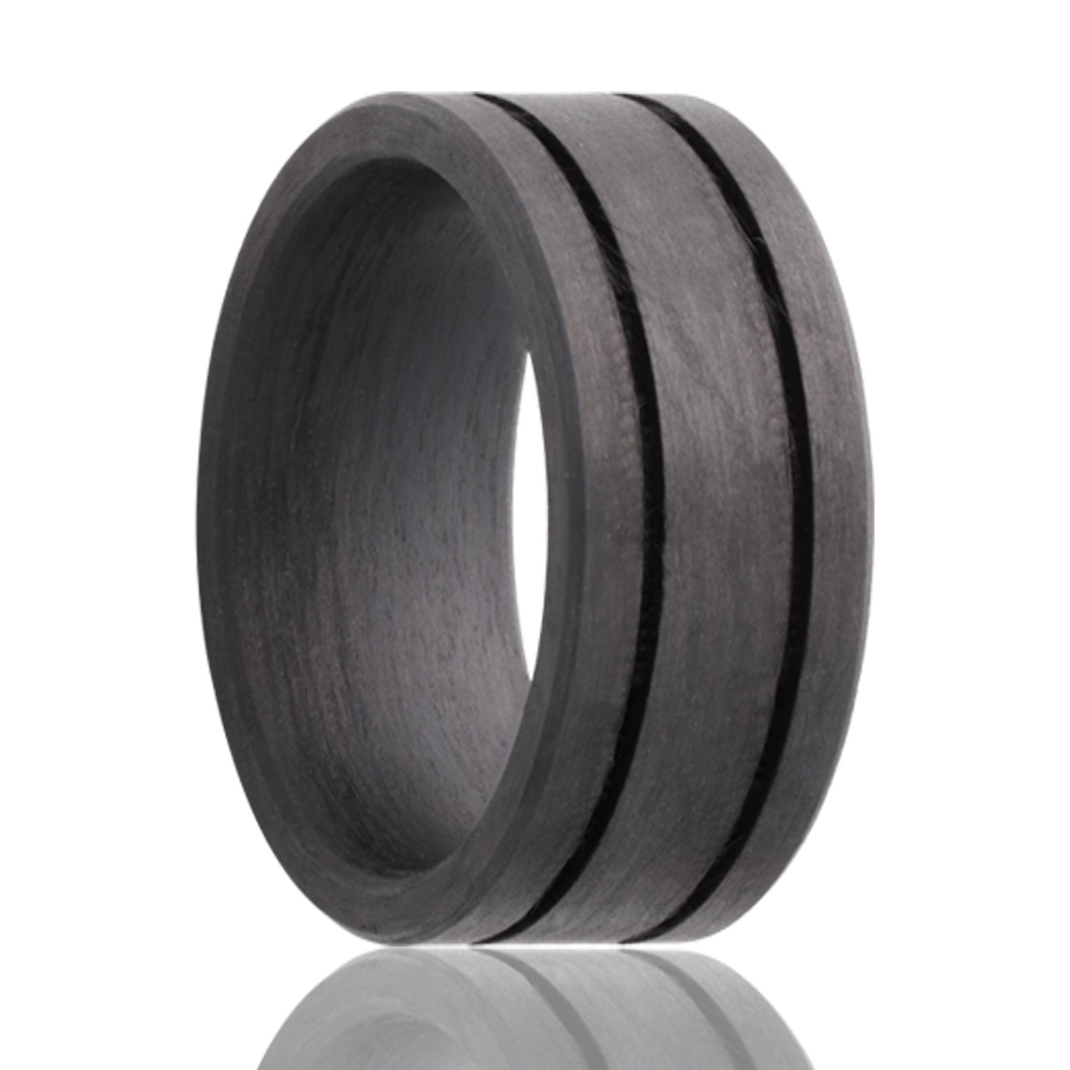 A dual grooved carbon fiber men's wedding band displayed on a neutral white background.