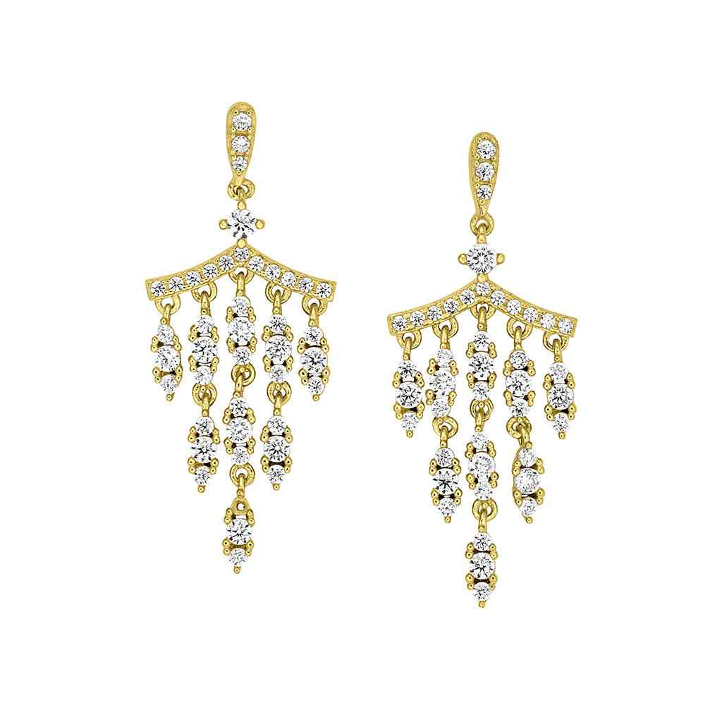 A chandelier earrings with simulated diamonds displayed on a neutral white background.