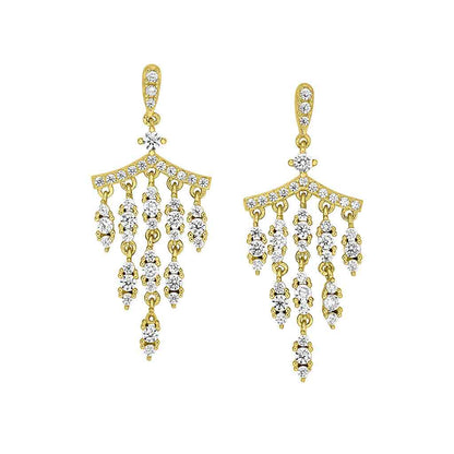 A chandelier earrings with simulated diamonds displayed on a neutral white background.