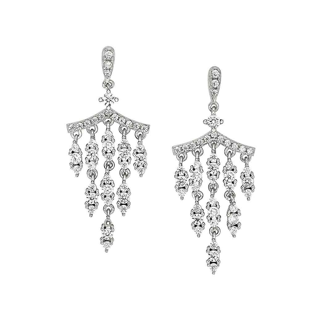 A chandelier earrings with simulated diamonds displayed on a neutral white background.
