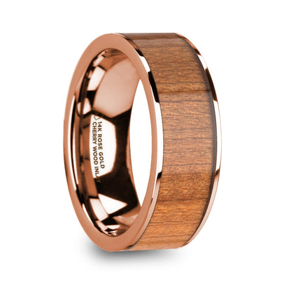 Cherry Wood Inlay 14k Rose Gold Men's Wedding Band