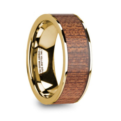 Cherry Wood Inlay 14k Yellow Gold Men's Wedding Band
