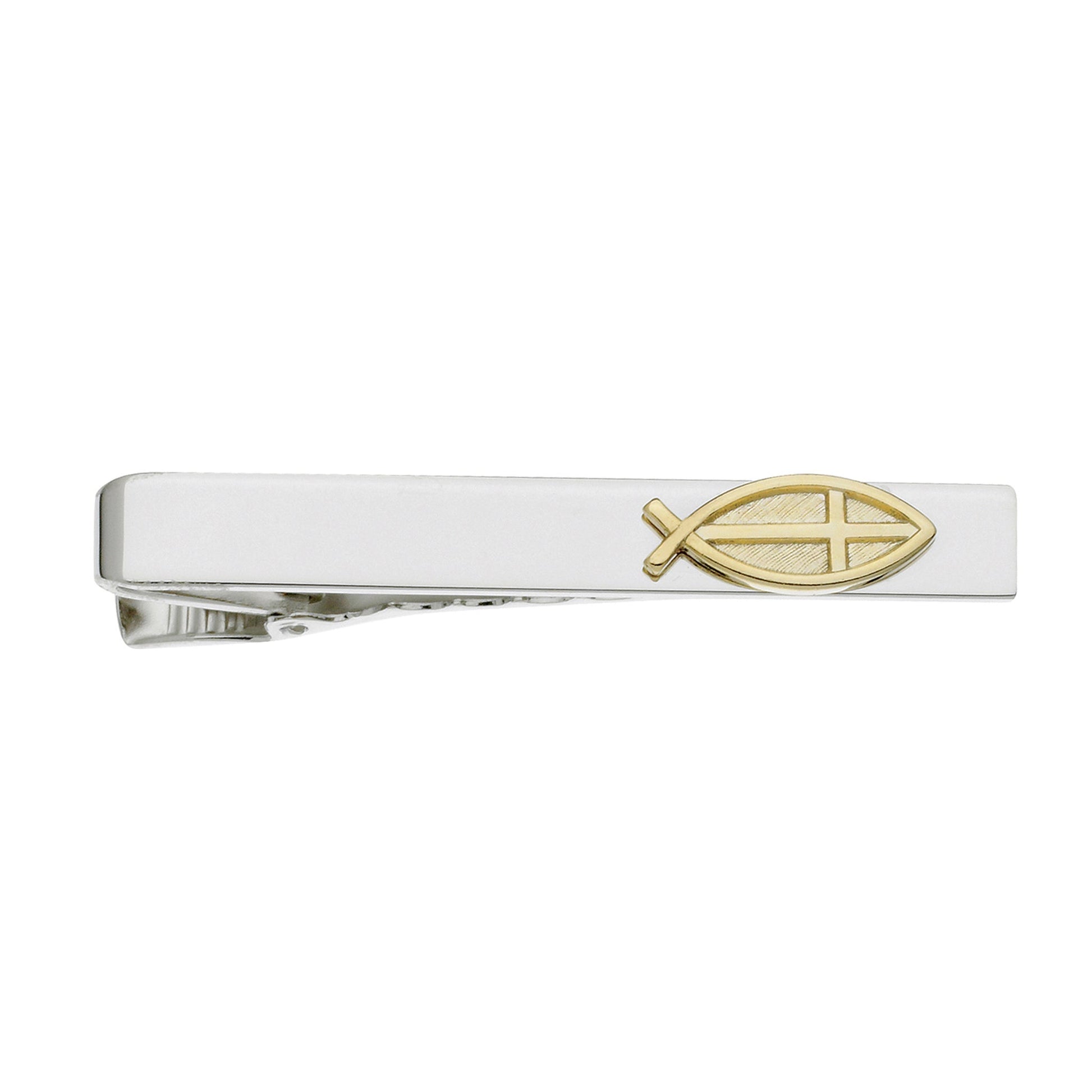 A christian fish tie bar displayed on a neutral white background.