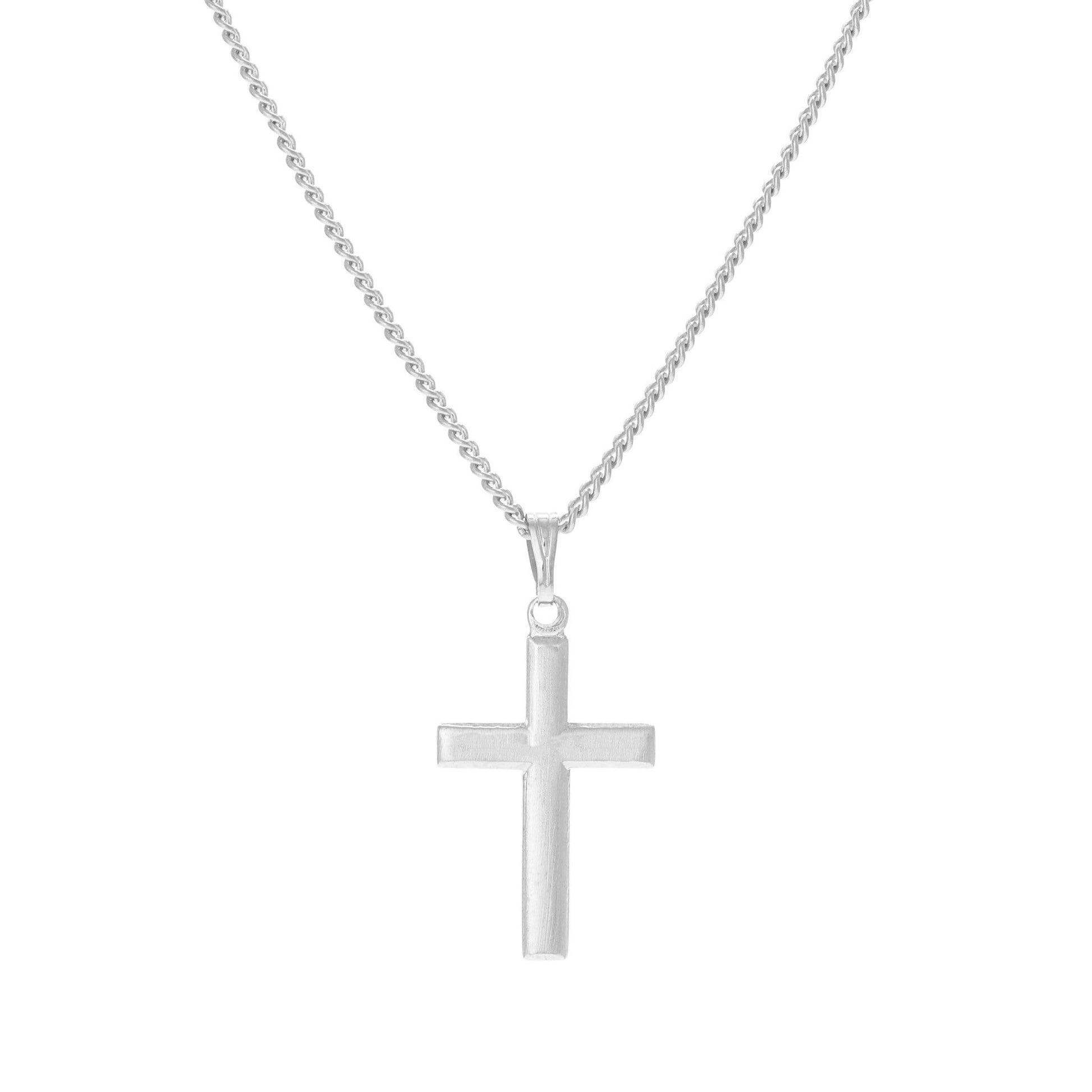 A classic cross necklace displayed on a neutral white background.