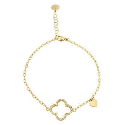 A clover link bracelet displayed on a neutral white background.