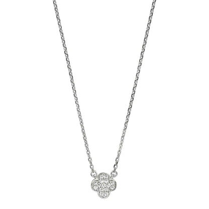 A clover necklace with simulated diamonds displayed on a neutral white background.
