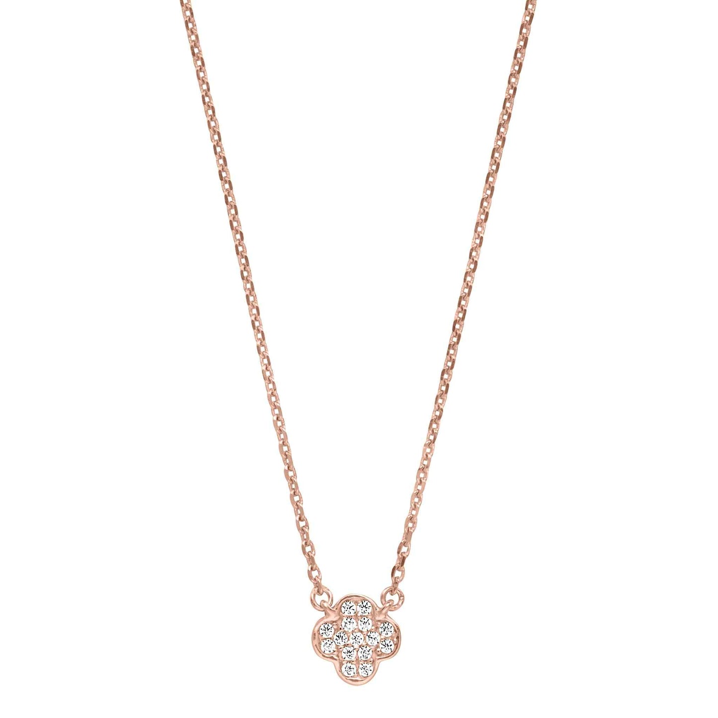 A clover necklace with simulated diamonds displayed on a neutral white background.
