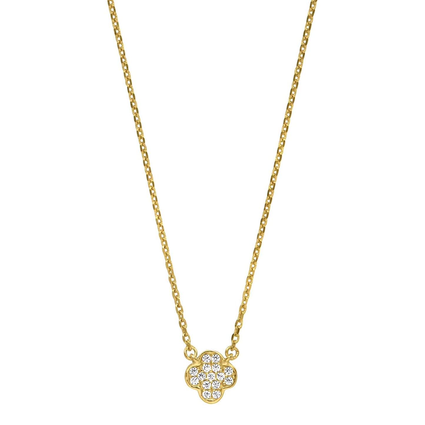 A clover necklace with simulated diamonds displayed on a neutral white background.