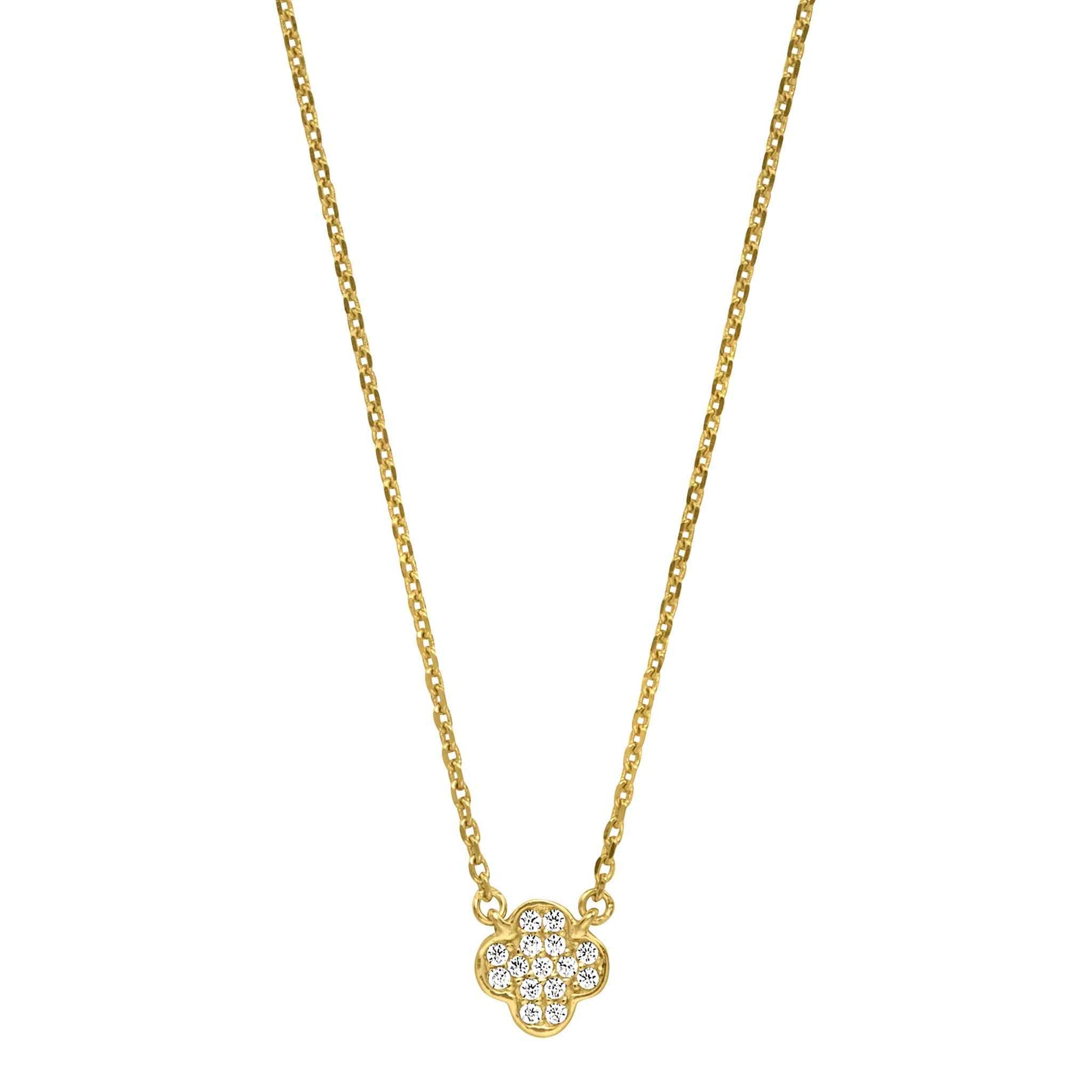 A clover necklace with simulated diamonds displayed on a neutral white background.