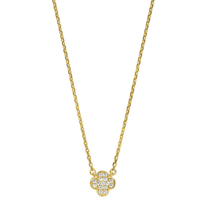 A clover necklace with simulated diamonds displayed on a neutral white background.