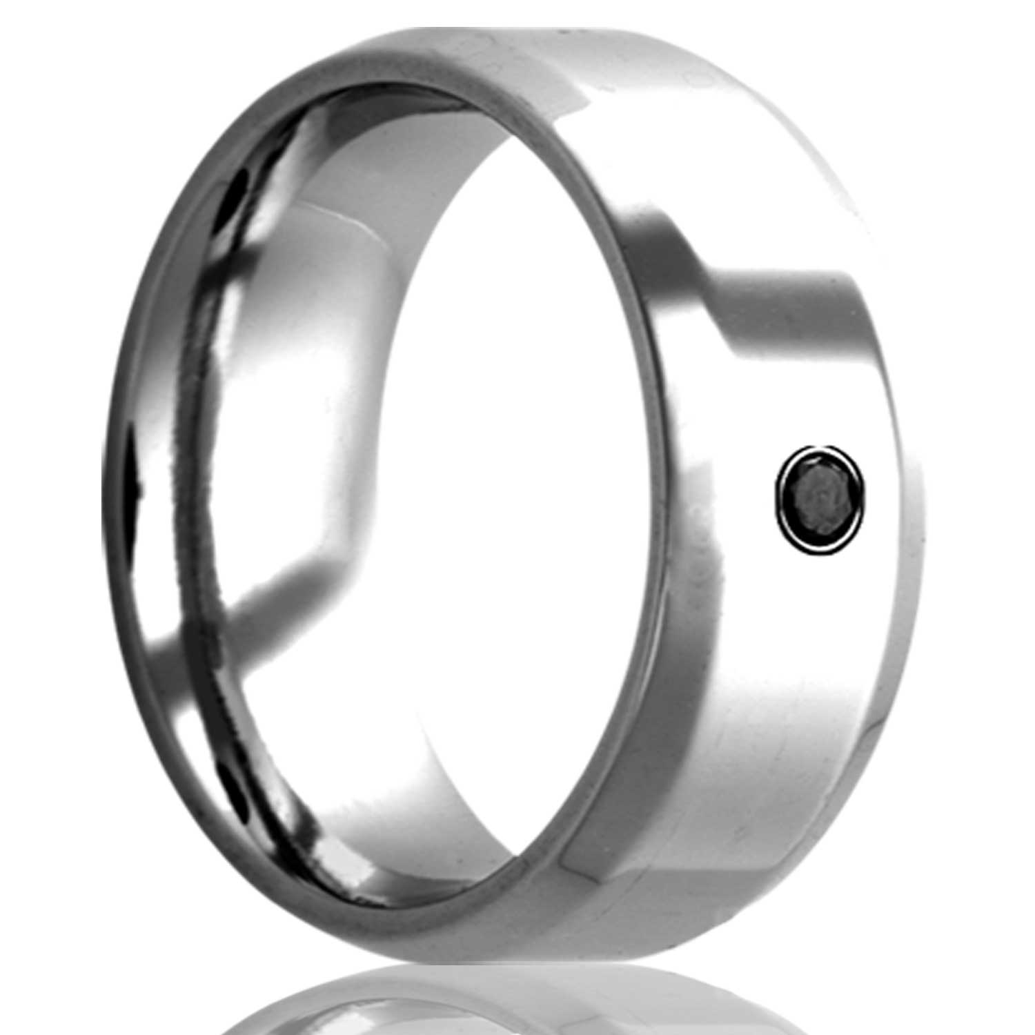A cobalt wedding band with beveled edges & black diamond displayed on a neutral white background.