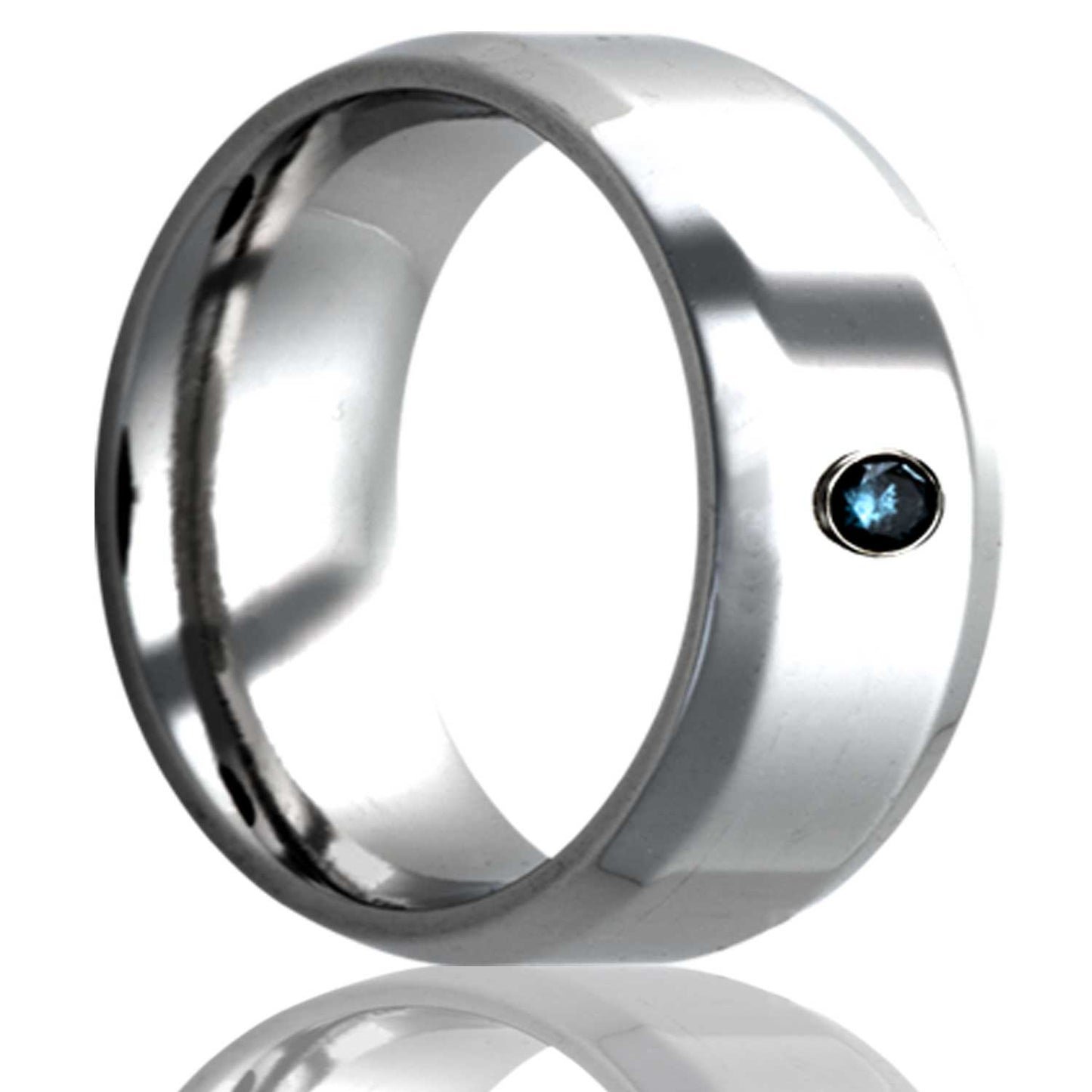 A cobalt wedding band with beveled edges & blue diamond displayed on a neutral white background.
