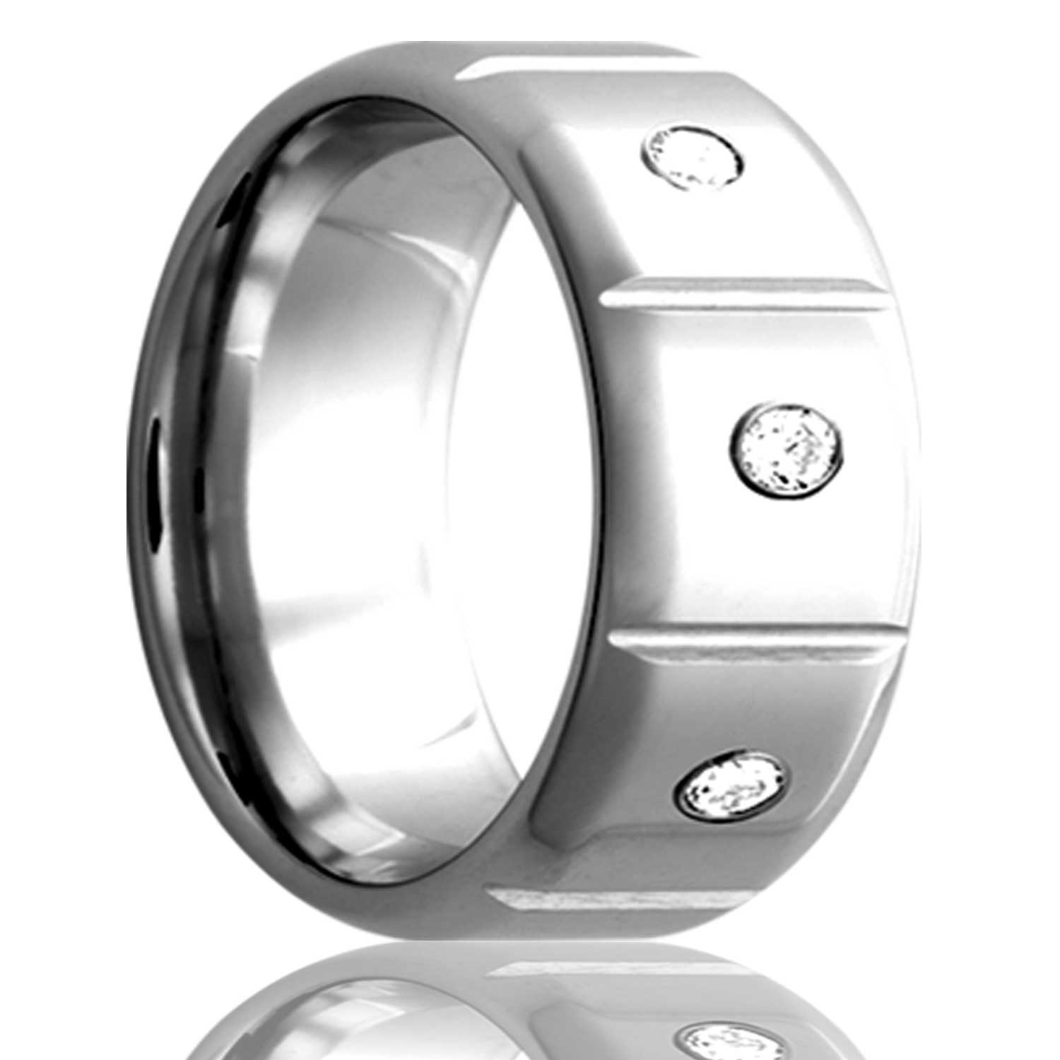 A cobalt wedding band with beveled edges & diamonds displayed on a neutral white background.