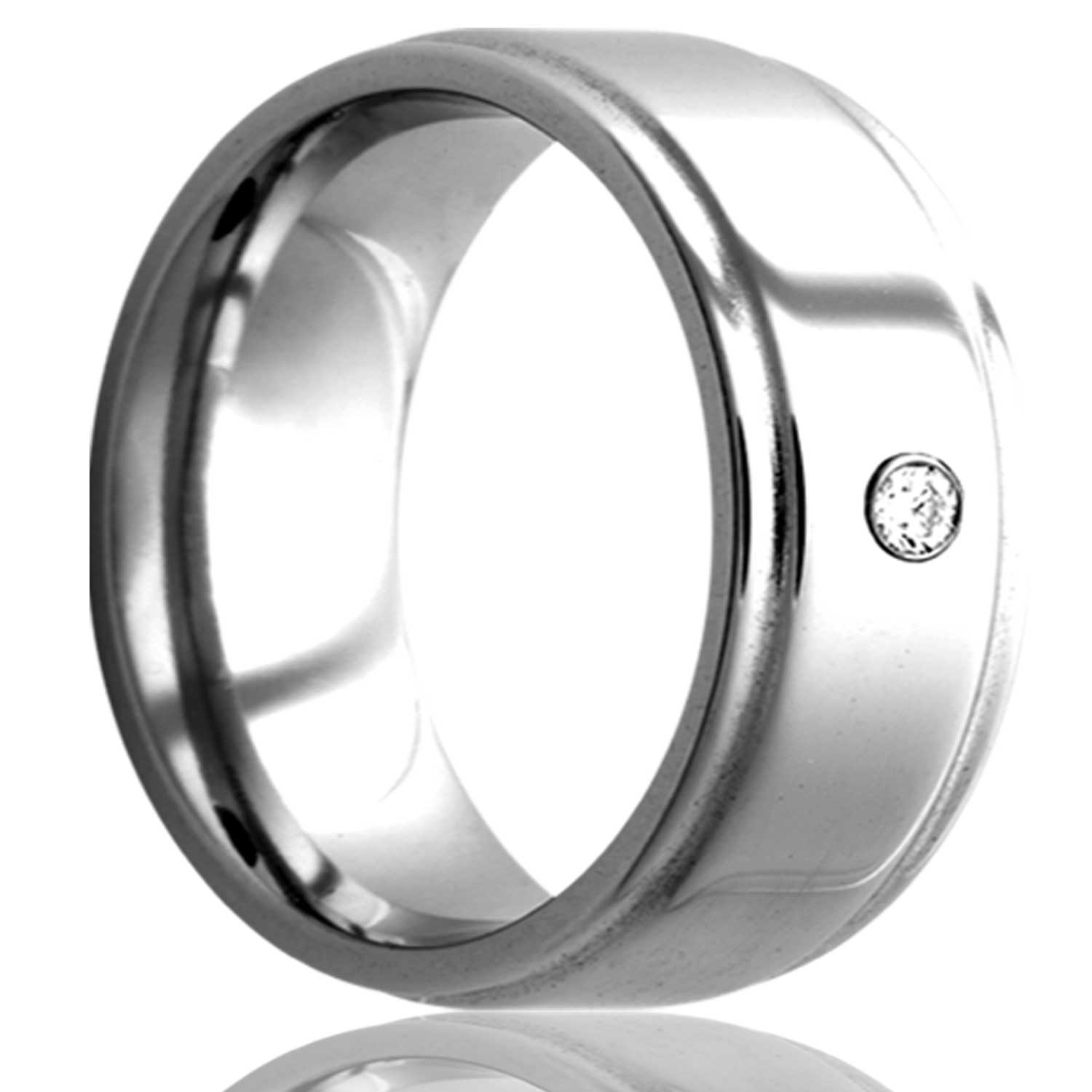 A cobalt wedding band with stepped edges & diamond displayed on a neutral white background.