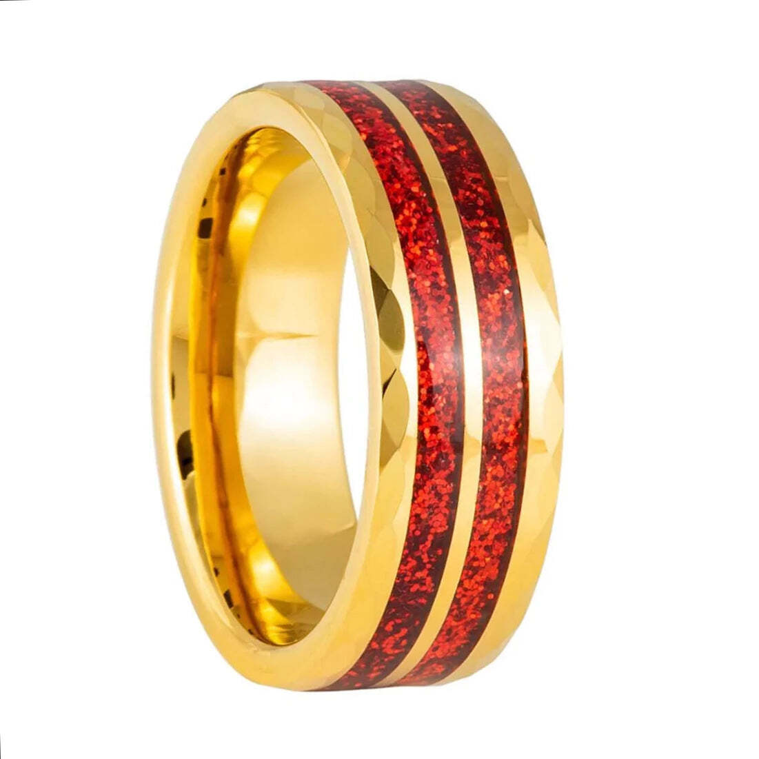 Red Confetti Inlaid Gold Tungsten Men's Wedding Band