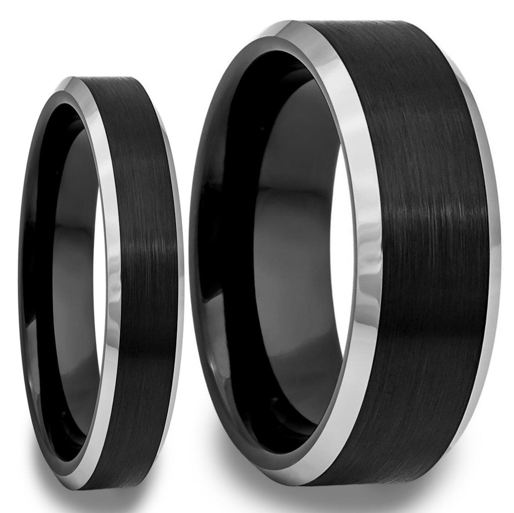 Contrasting Edge Brushed Black Tungsten Couple's Matching Wedding Band Set