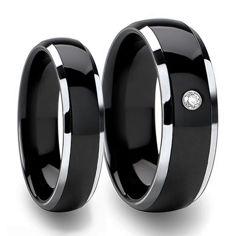Contrasting Edge Domed Black Ceramic & Tungsten Couple's Matching Wedding Band Set