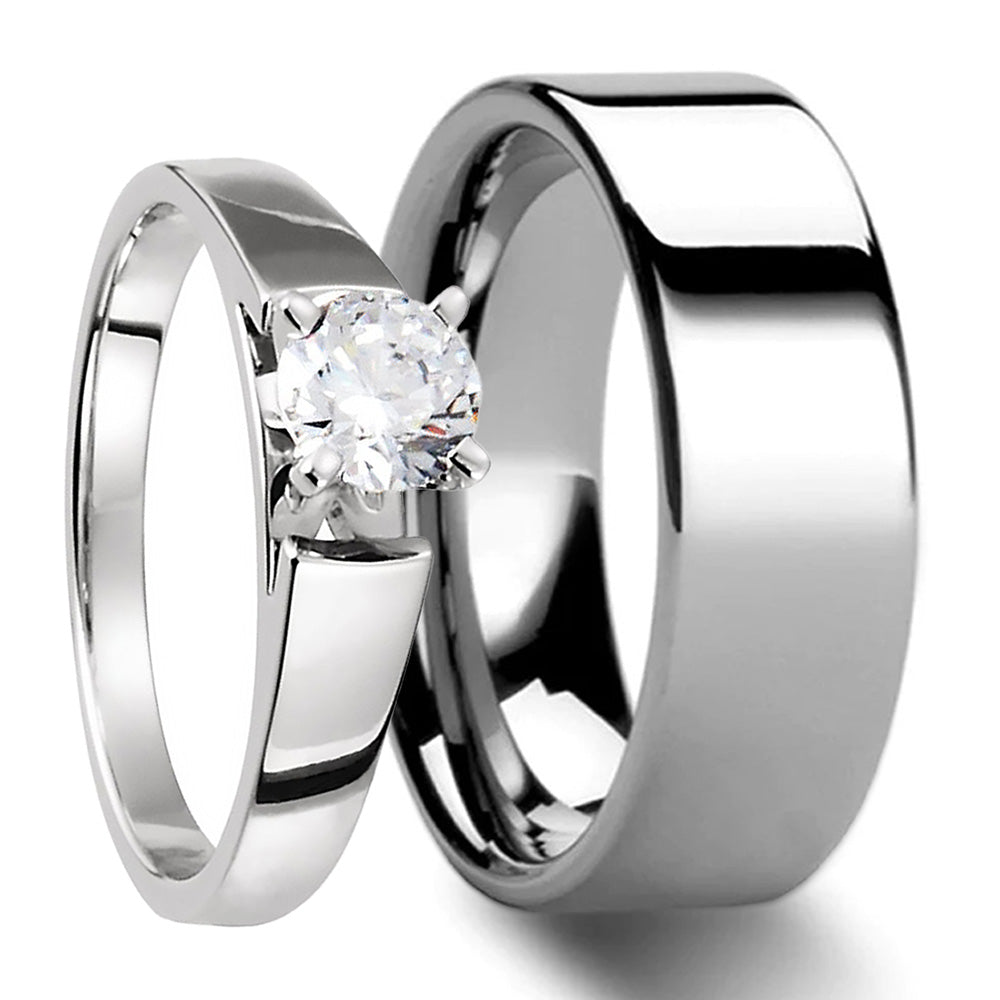 Couple's Tungsten Engagement Ring & Wedding Band Matching Set