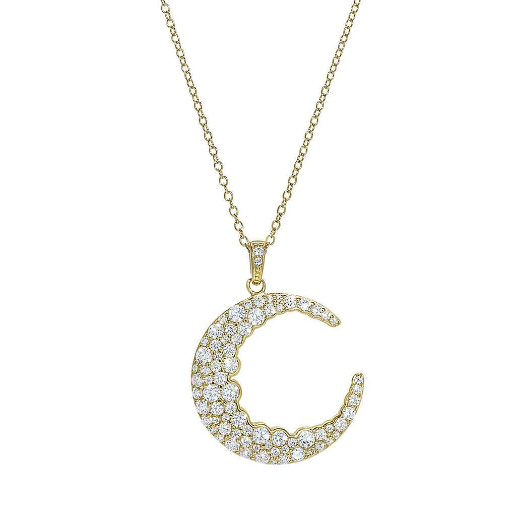 A crescent moon necklace with simulated diamonds displayed on a neutral white background.