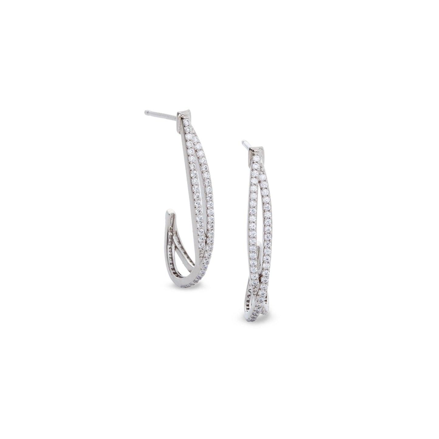 A criss cross half hoop earrings with 132 simulated diamonds displayed on a neutral white background.