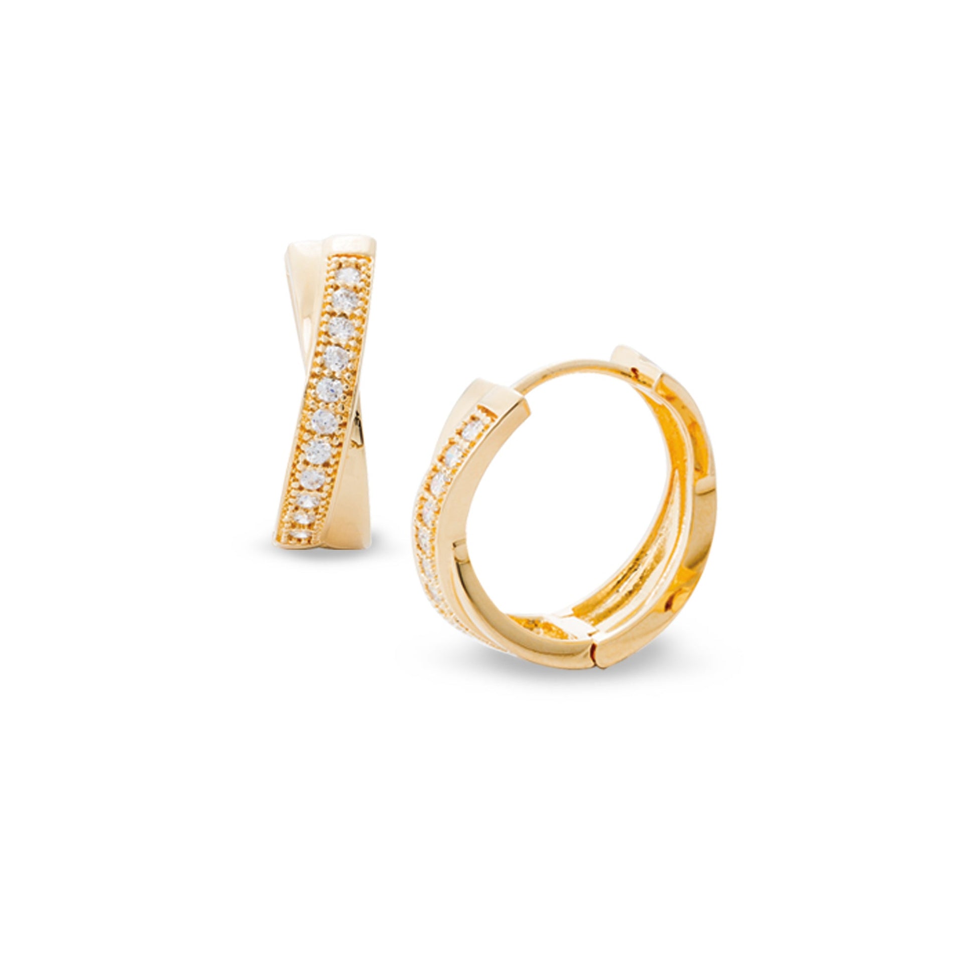 A criss cross huggie earrings with simulated diamonds displayed on a neutral white background.