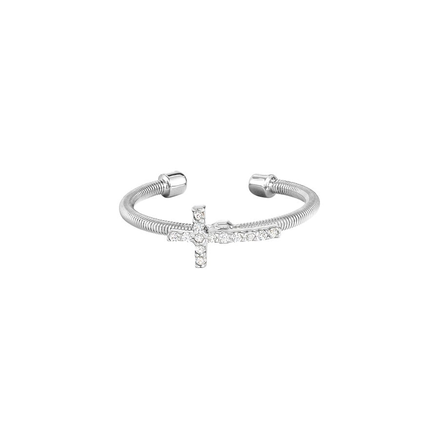 A cross flexible cable ring with simulated diamonds displayed on a neutral white background.