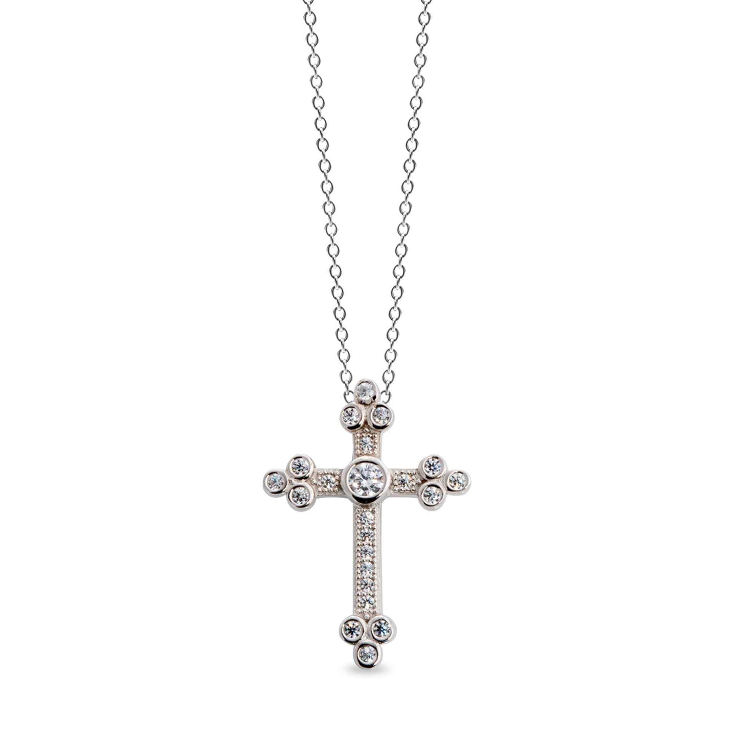 A cross necklace with simulated diamonds displayed on a neutral white background.