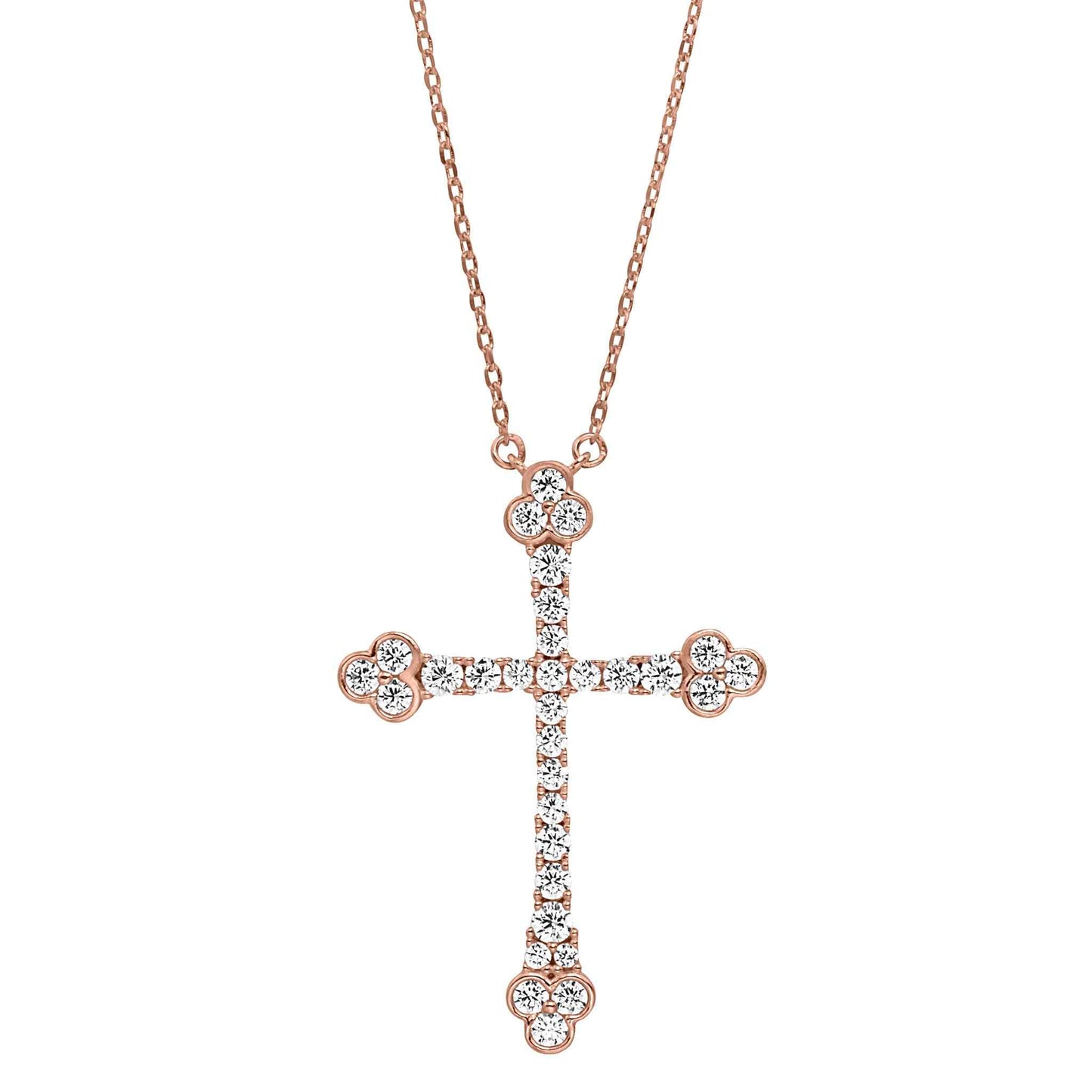 A cross necklace with triple simulated diamond accents displayed on a neutral white background.