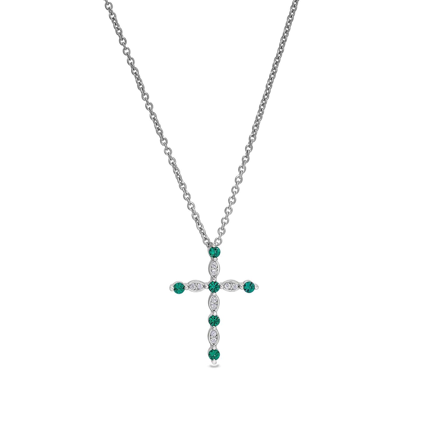 A cross necklace with simulated diamonds displayed on a neutral white background.