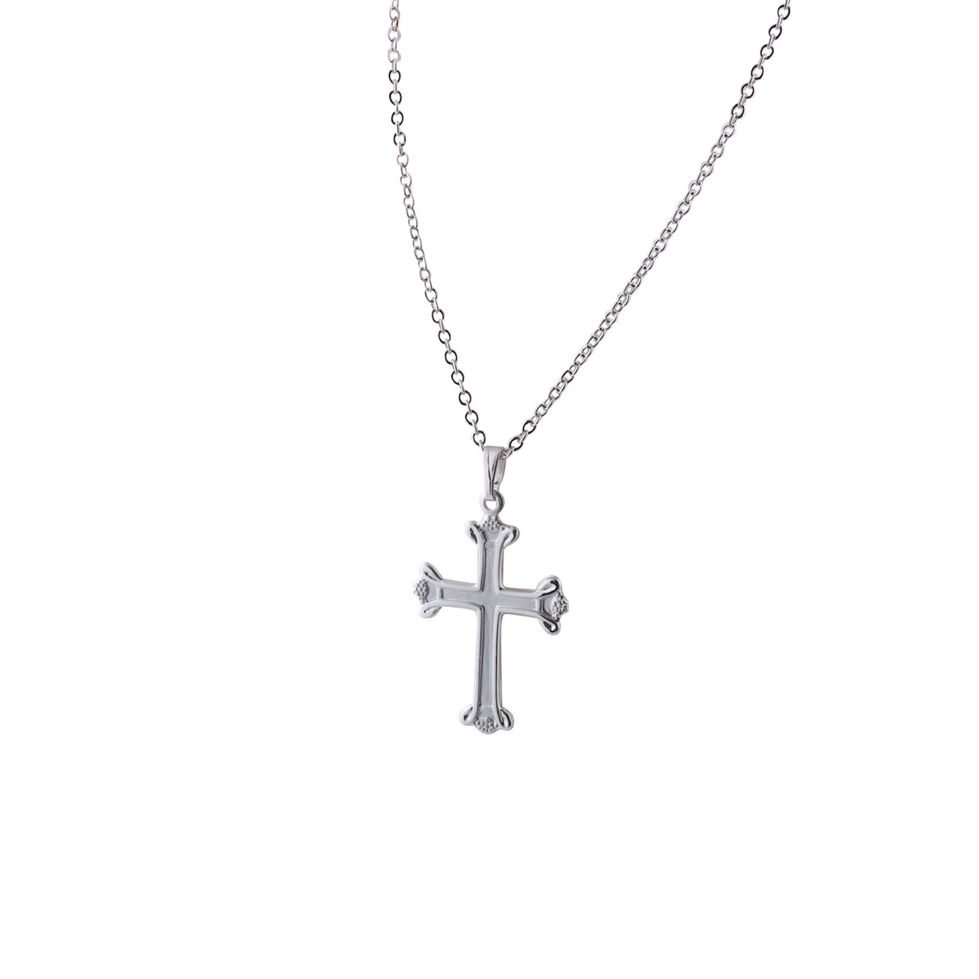 A cross with polished edge displayed on a neutral white background.