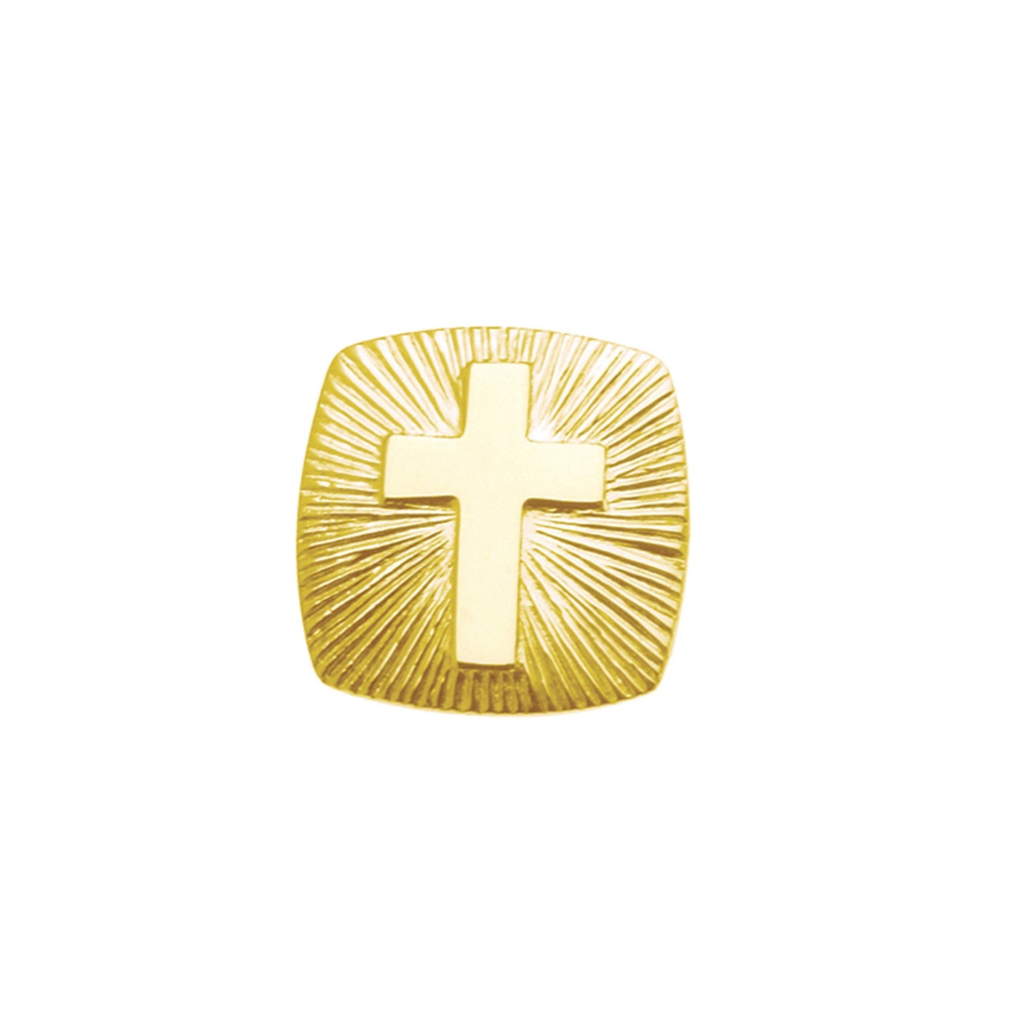 A gold cross tie tack displayed on a neutral white background.