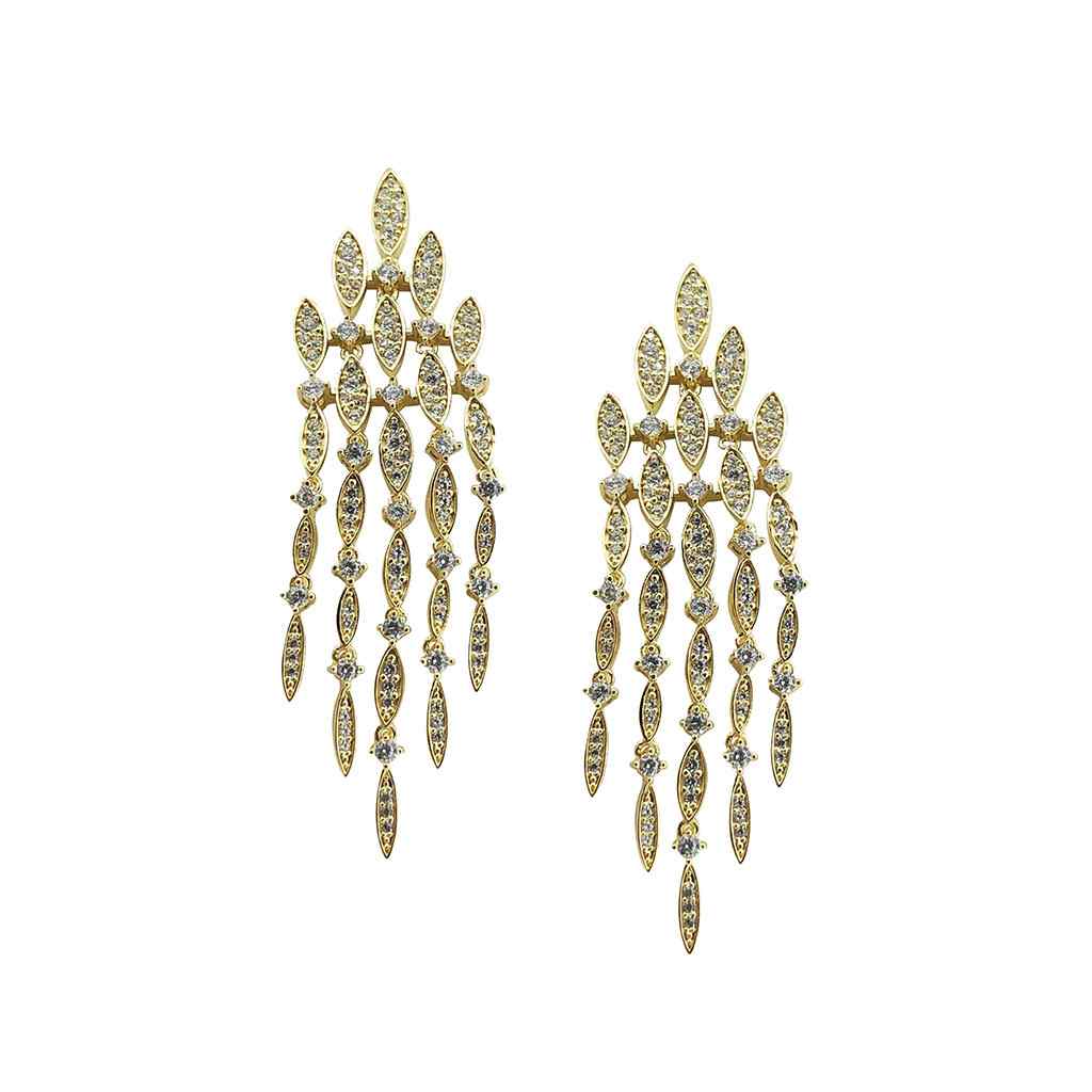 A chandelier earrings with simulated diamonds displayed on a neutral white background.