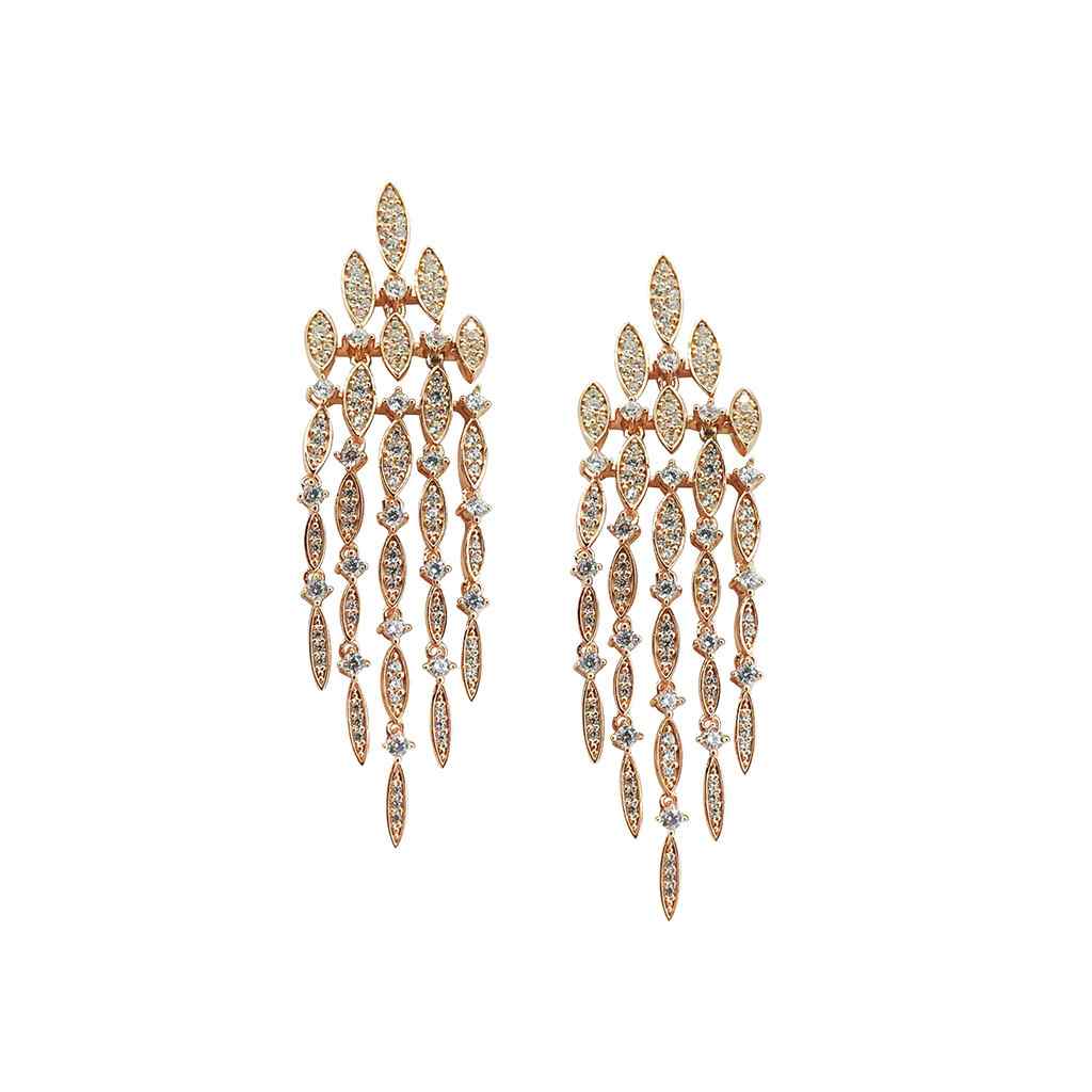 A chandelier earrings with simulated diamonds displayed on a neutral white background.