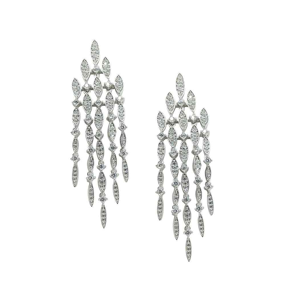 A chandelier earrings with simulated diamonds displayed on a neutral white background.
