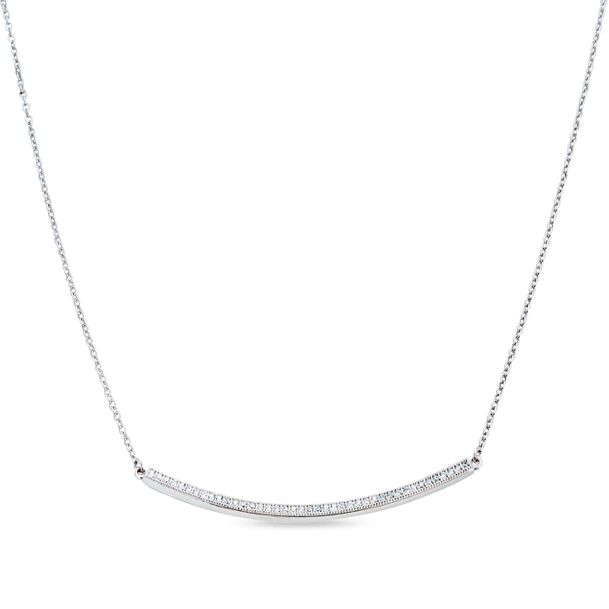 A curved bar necklace with 41 simulated diamonds displayed on a neutral white background.