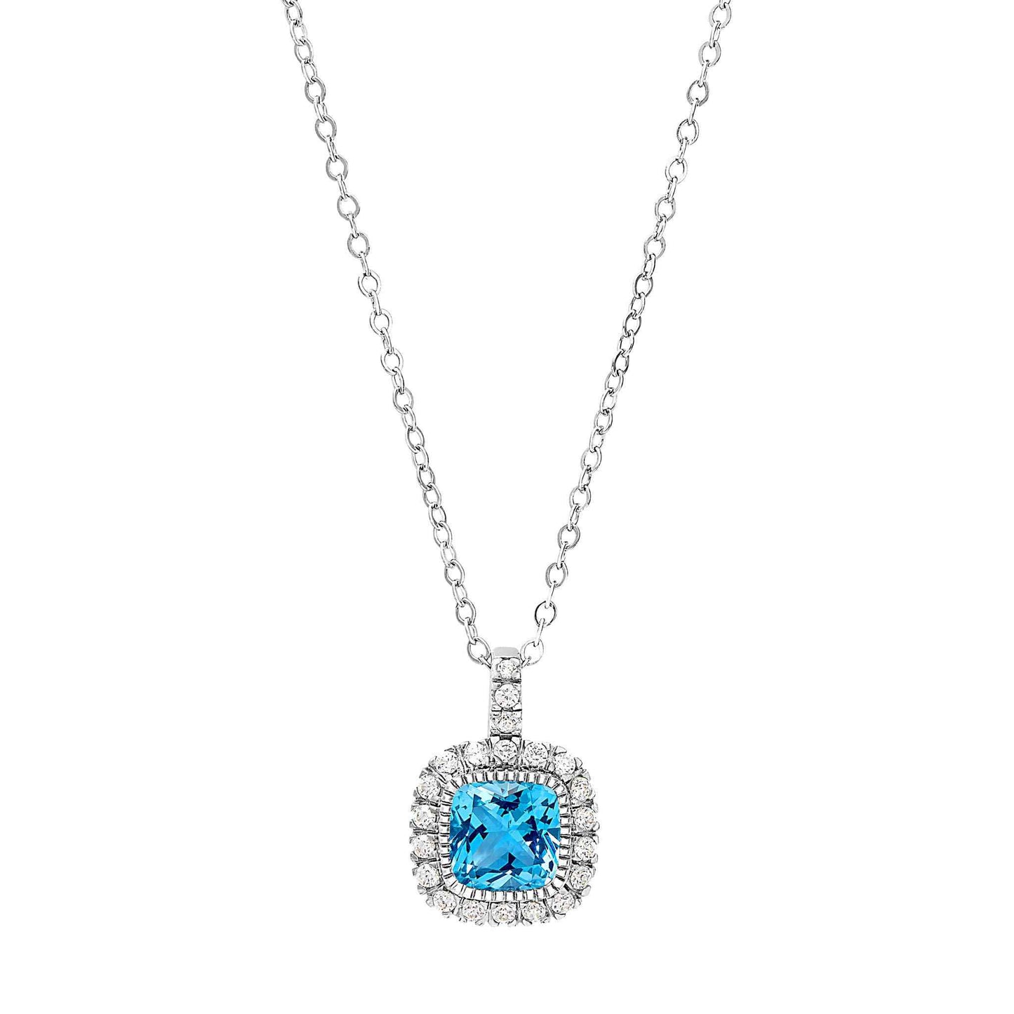A cushion birthstone necklace with simulated diamonds displayed on a neutral white background.