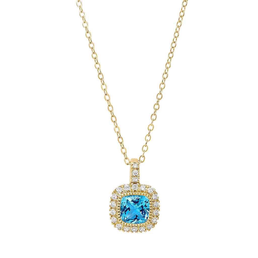 A cushion birthstone necklace with simulated diamonds displayed on a neutral white background.