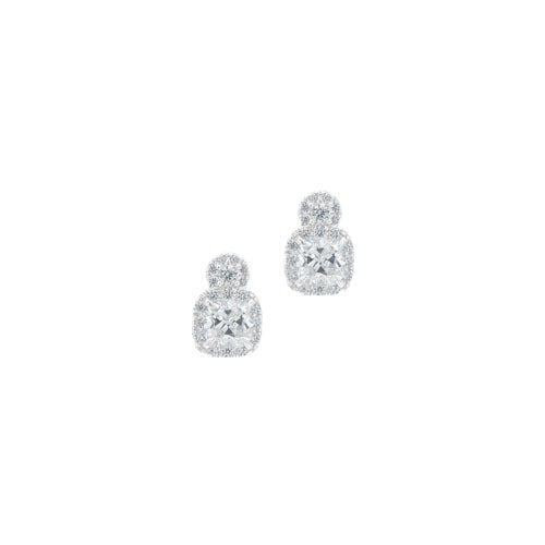 A cushion cut simulated diamond earrings displayed on a neutral white background.
